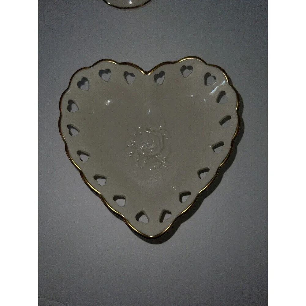 Lenox Embossed Rose Cream Vase Heart Bowl Set Gold Trim Vintage